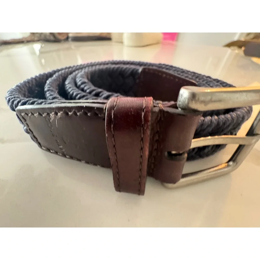 Cole Haan Mens Braided Cord Belt Navy‎ Blue Brown Leather Trim Size 40